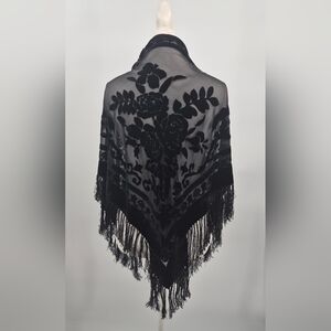 Black Floral Burn Out Velvet Fringe Triangle Shawl Wrap Evening Formal